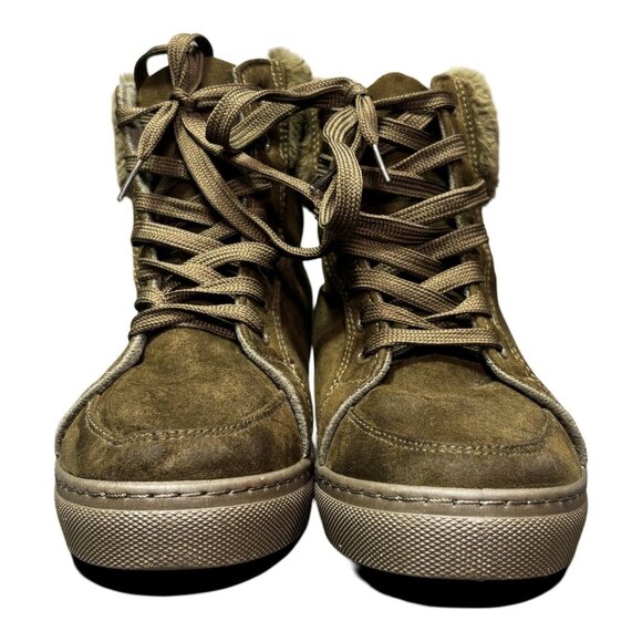 Rouge Helium Olive Green Faux Fur Trim Lace-Up Booties Size 7 - Picture 2 of 7